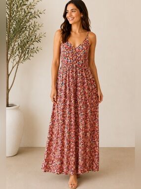 Promod Floral Maxi Dress Boho Button Front Smocked Tie Back Sleeveless Size 2